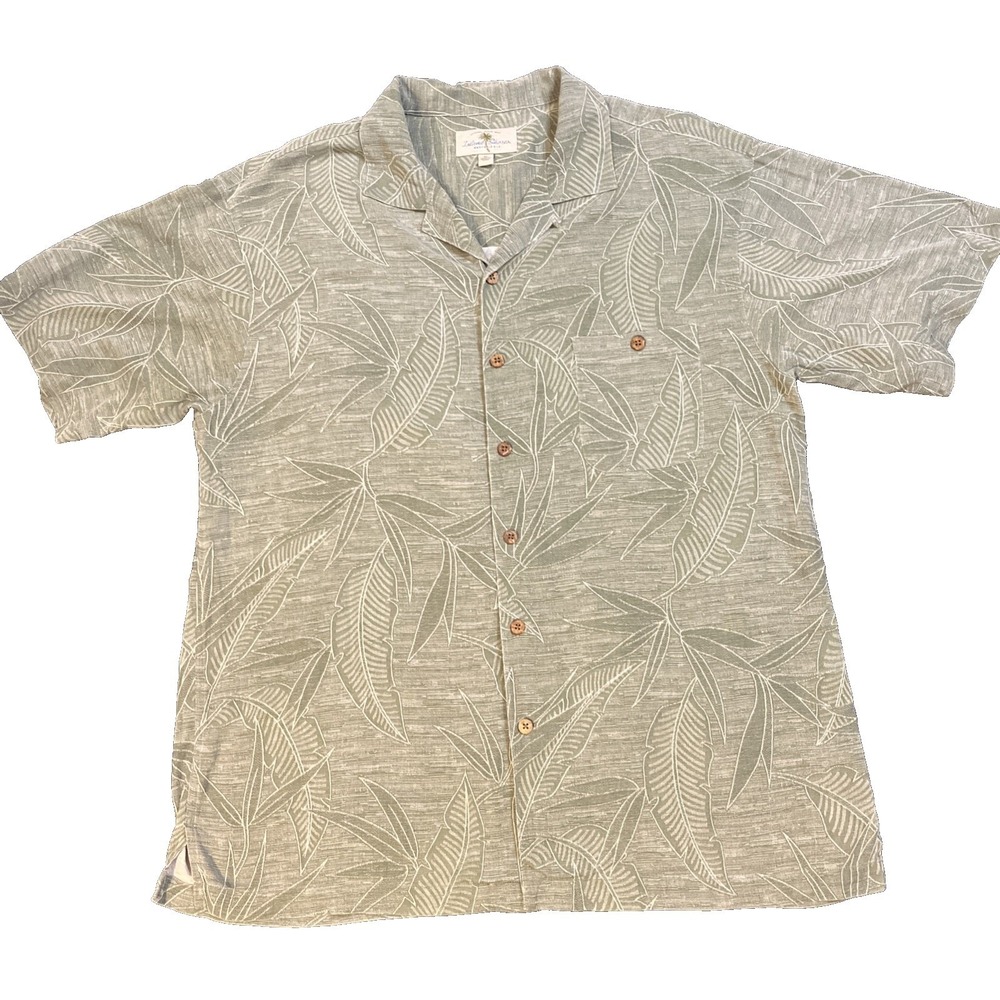 Island Shores Shirt Mens L Green Silk Leaf Print Camp Aloha Beach Casual Summer